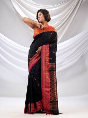 Black Cotton Handwoven Soft Saree With Zari Woven Nakshi Borders 2