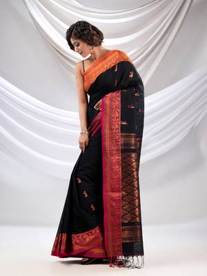 Black Cotton Handwoven Soft Saree With Zari Woven Nakshi Borders 3