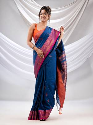 Sapphire Blue Cotton Handwoven Soft Saree With Zari Woven Nakshi Borders 1