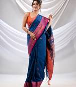 Sapphire Blue Cotton Handwoven Soft Saree With Zari Woven Nakshi Borders