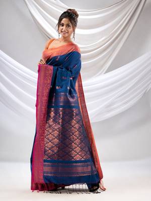 Sapphire Blue Cotton Handwoven Soft Saree With Zari Woven Nakshi Borders 3
