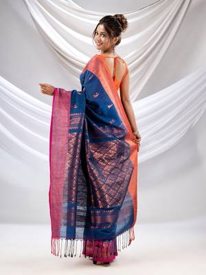 Sapphire Blue Cotton Handwoven Soft Saree With Zari Woven Nakshi Borders 4