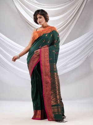Castleton Green Cotton Handwoven Soft Saree With Zari Woven Nakshi Borders 1