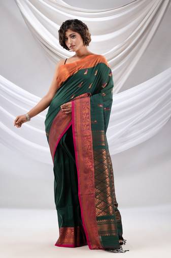 Castleton Green Cotton Handwoven Soft Saree With Zari Woven Nakshi Borders