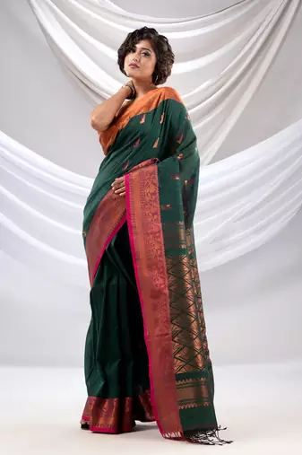 Castleton Green Cotton Handwoven Soft Saree With Zari Woven Nakshi Borders