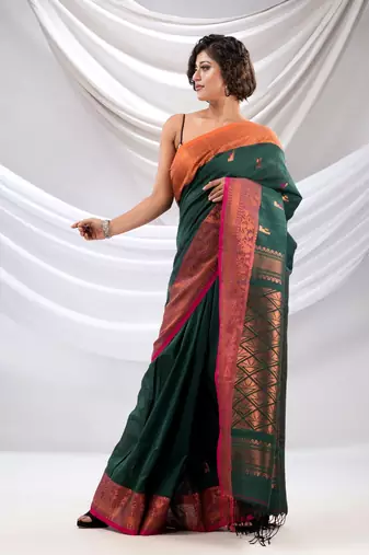 Castleton Green Cotton Handwoven Soft Saree With Zari Woven Nakshi Borders