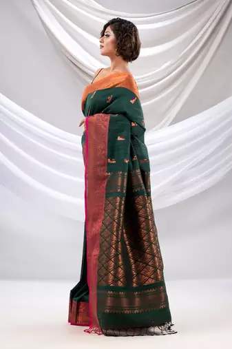 Castleton Green Cotton Handwoven Soft Saree With Zari Woven Nakshi Borders