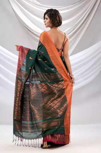 Castleton Green Cotton Handwoven Soft Saree With Zari Woven Nakshi Borders