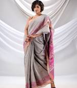Grey Cotton Handwoven Soft Saree With Jamdani Borders