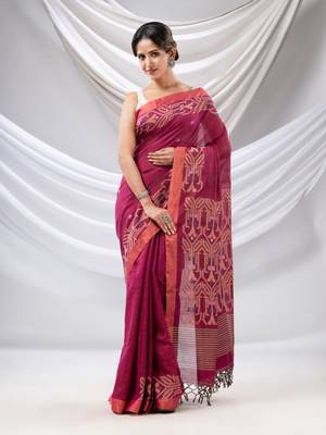 Magenta Cotton Handwoven Soft Saree With Jamdani Borders 1