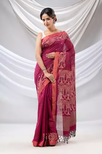 Magenta Cotton Handwoven Soft Saree With Jamdani Borders