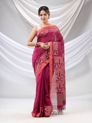 Magenta Cotton Handwoven Soft Saree With Jamdani Borders 2