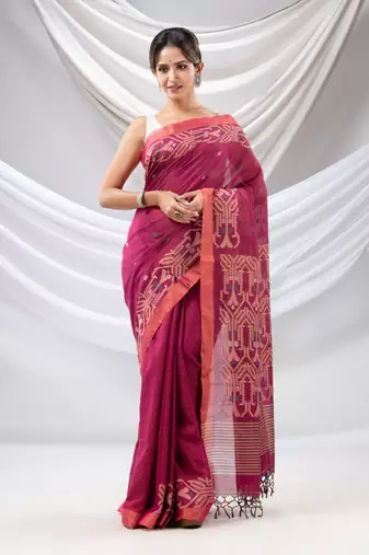 Magenta Cotton Handwoven Soft Saree With Jamdani Borders