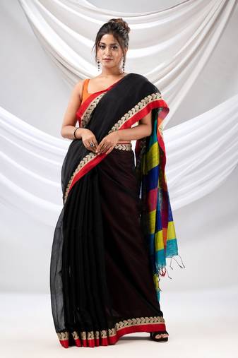 Black Cotton Handwoven Soft Saree With Matka Pallu