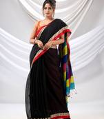 Black Cotton Handwoven Soft Saree With Matka Pallu
