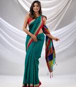 Teal Pure Matka Soft Saree With Multicolor Pallu