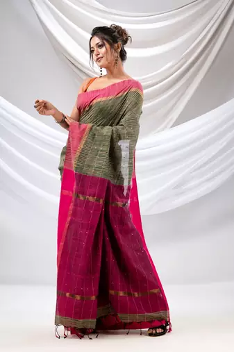 Green Cotton Handwoven Soft Saree With Sequin Work