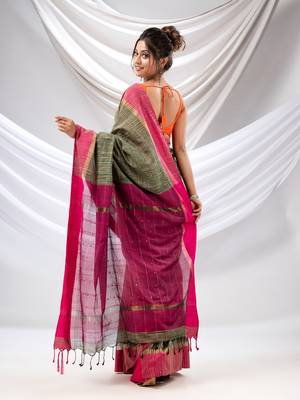 Green Cotton Handwoven Soft Saree With Sequin Work 4