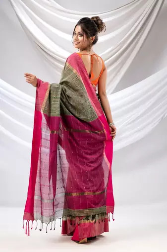 Green Cotton Handwoven Soft Saree With Sequin Work