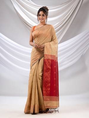 Beige Cotton Blend Handwoven Saree With Zari Borders 1