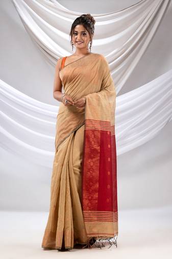 Beige Cotton Blend Handwoven Saree With Zari Borders