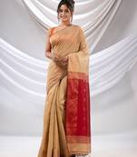 Beige Cotton Blend Handwoven Saree With Zari Borders