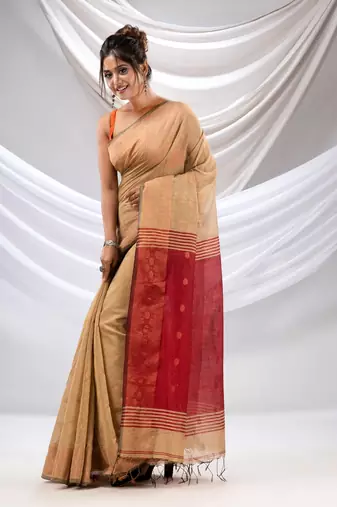 Beige Cotton Blend Handwoven Saree With Zari Borders
