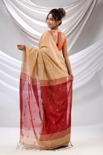 Beige Cotton Blend Handwoven Saree With Zari Borders
