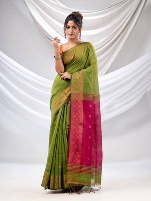 Green Cotton Blend Handwoven Saree With Zari Borders 1