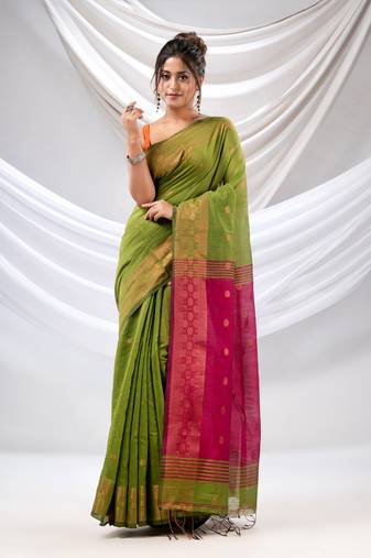 Green Cotton Blend Handwoven Saree With Zari Borders