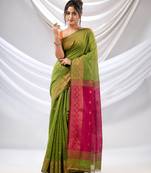 Green Cotton Blend Handwoven Saree With Zari Borders