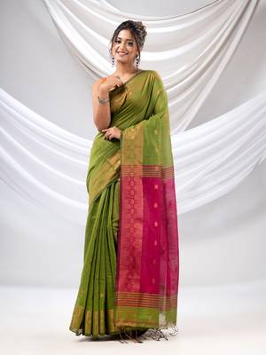 Green Cotton Blend Handwoven Saree With Zari Borders 2
