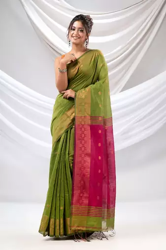 Green Cotton Blend Handwoven Saree With Zari Borders