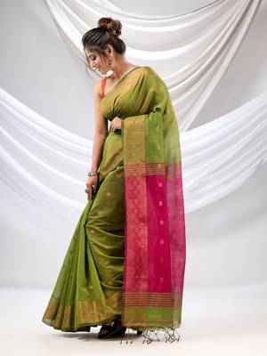 Green Cotton Blend Handwoven Saree With Zari Borders 3