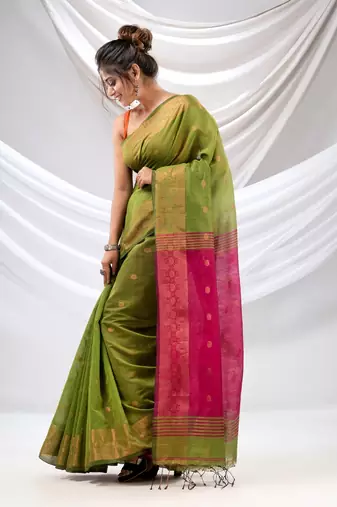 Green Cotton Blend Handwoven Saree With Zari Borders