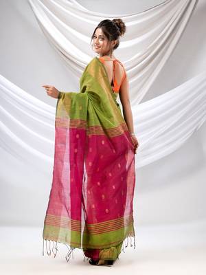 Green Cotton Blend Handwoven Saree With Zari Borders 4