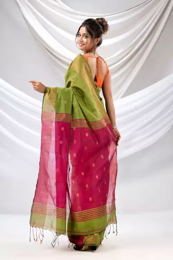 Green Cotton Blend Handwoven Saree With Zari Borders