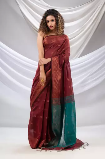 Maroon Cotton Blend Handwoven Saree With Zari Borders