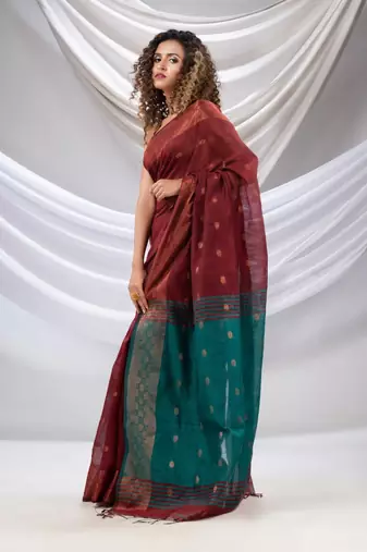Maroon Cotton Blend Handwoven Saree With Zari Borders