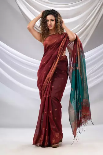 Maroon Cotton Blend Handwoven Saree With Zari Borders