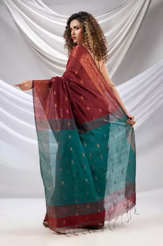 Maroon Cotton Blend Handwoven Saree With Zari Borders