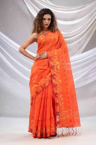 Orange Cotton Blend Handwoven Saree With Floral Nakshi Borders