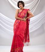 Shocking Pink Cotton Blend Handwoven Saree With Floral Nakshi Borders