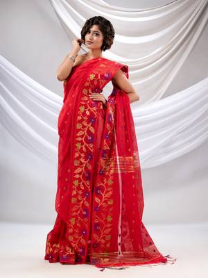 Red Cotton Blend Handwoven Saree With Floral Nakshi Borders 1