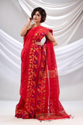 Red Cotton Blend Handwoven Saree With Floral Nakshi Borders