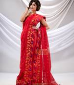 Red Cotton Blend Handwoven Saree With Floral Nakshi Borders