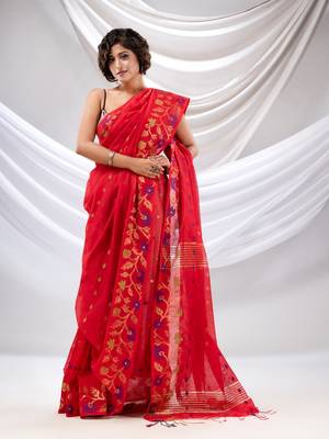 Red Cotton Blend Handwoven Saree With Floral Nakshi Borders 2