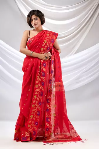 Red Cotton Blend Handwoven Saree With Floral Nakshi Borders