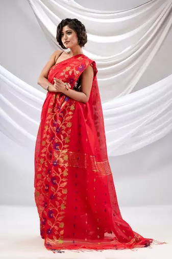 Red Cotton Blend Handwoven Saree With Floral Nakshi Borders