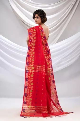 Red Cotton Blend Handwoven Saree With Floral Nakshi Borders